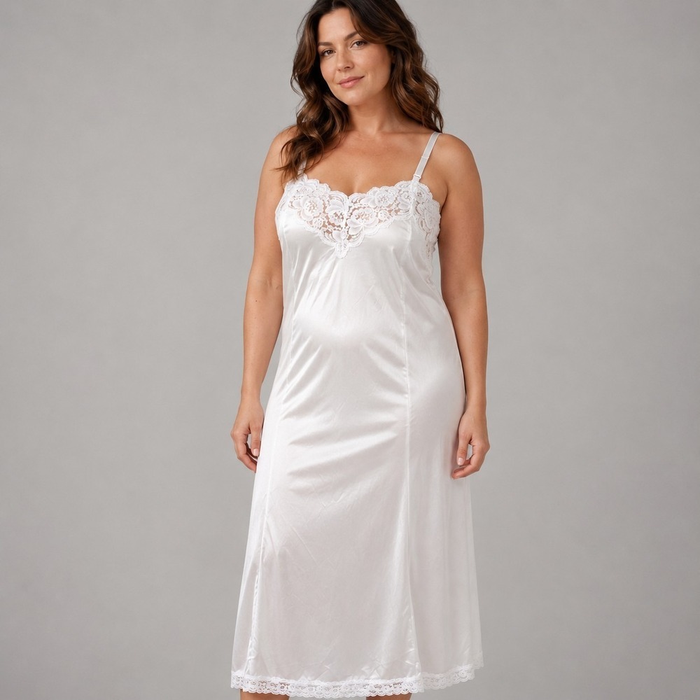 Vintage 70s Full Slip Dress LADY ROMANCE Size 38/Large White Lingerie Nightgown